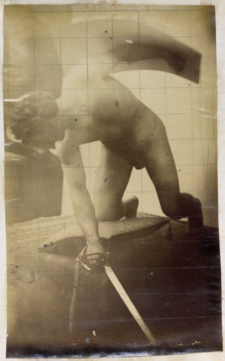 Studie af en mandlig nøgenmodel, på knæ med et sværd og skjold i hænderne, i Jacques de Lalaings værksted af Jacques Lalaing (attributed to)
