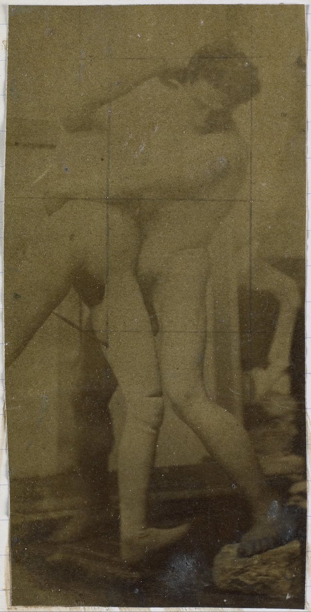 Studie af en mandlig nøgenmodel, stående og brydning med en mannequin, i Jacques de Lalaings studie, muligvis forundersøgelse til maleriet Wrestlers af Jacques Lalaing (attributed to)