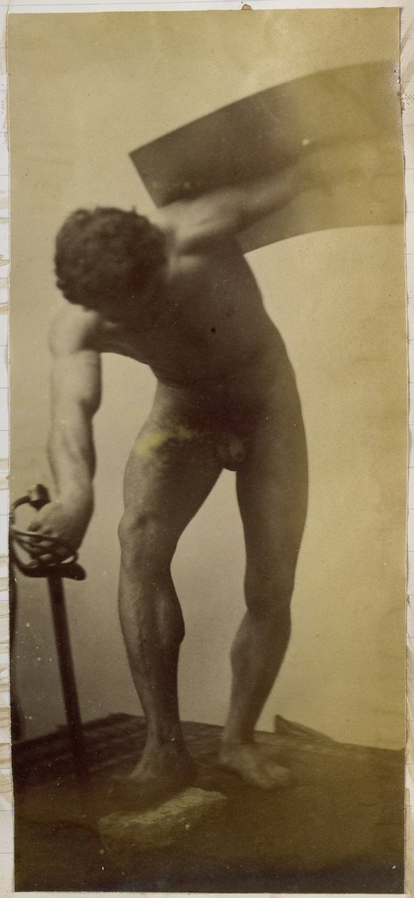Studie af en mandlig nøgenmodel, stående bøjet med sværd og skjold i hænderne, i Jacques de Lalaings studie af Jacques Lalaing (attributed to)