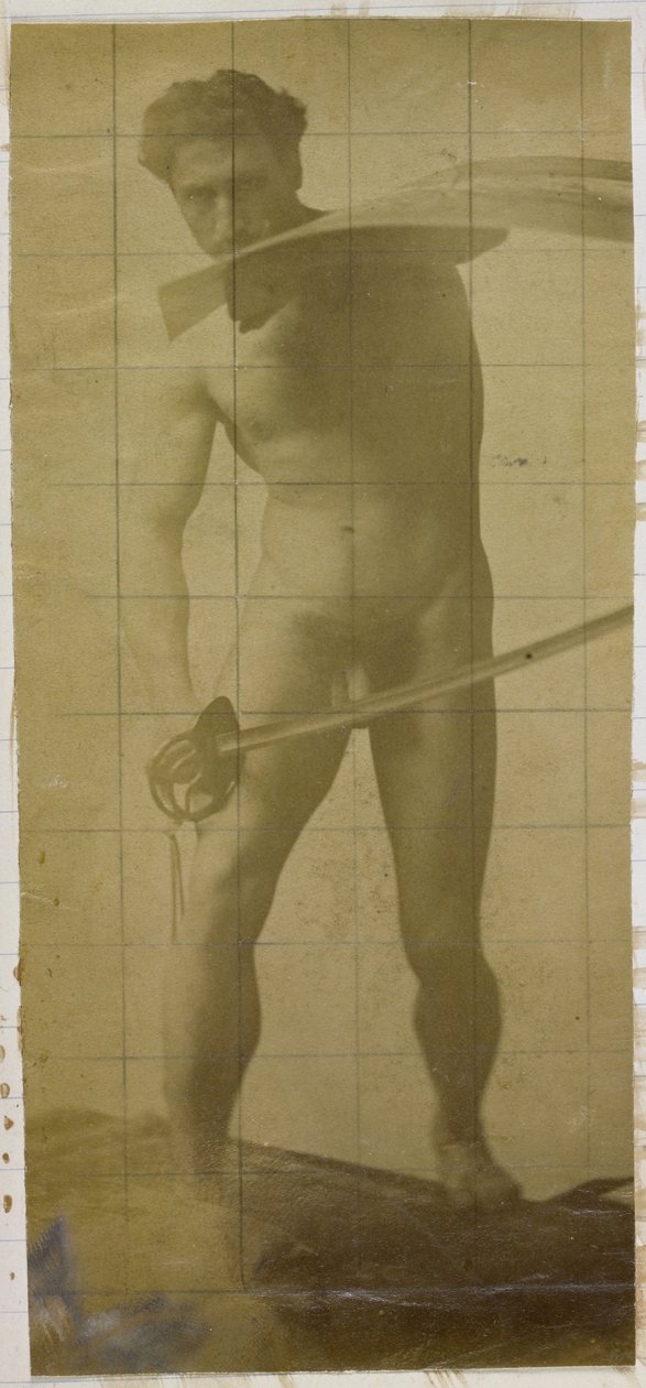 Studie af en mandlig nøgenmodel, stående med sværd og skjold i hænderne, i Jacques de Lalaings studie af Jacques Lalaing (attributed to)