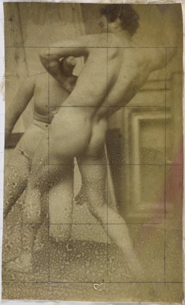 Studie af en mandlig nøgenmodel, stående, set fra ryggen og brydning med en mannequin, i Jacques de Lalaings atelier, mulig forundersøgelse til maleriet Wrestlers af Jacques Lalaing (attributed to)