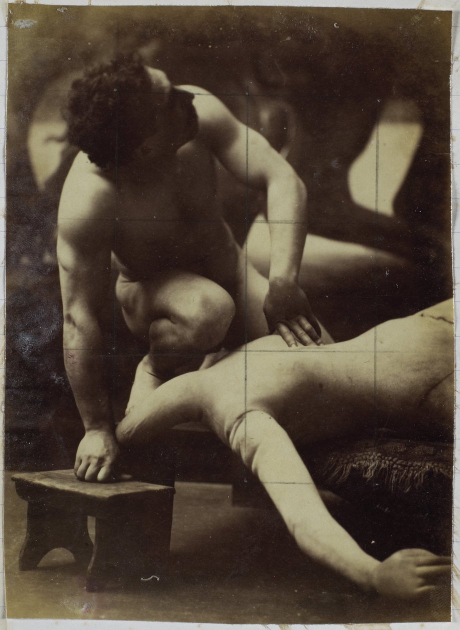 Studie af en mandlig nøgenmodel, der brydes med en mannequin, i Jacques de Lalaings studie af Jacques Lalaing (attributed to)