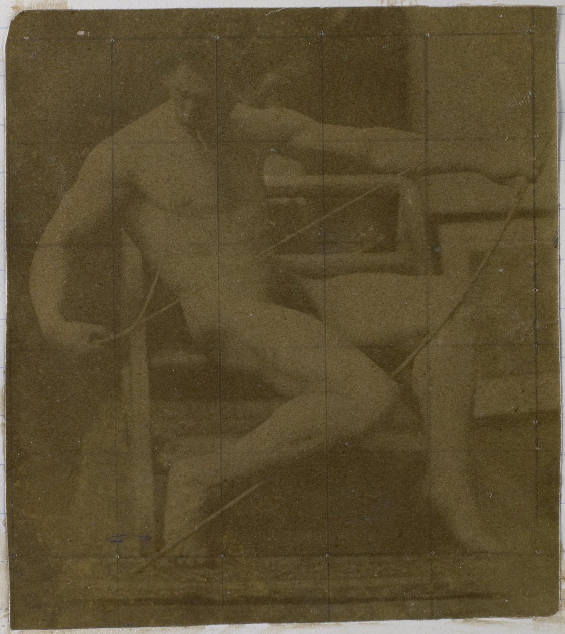 Studie af en mandlig nøgenmodel siddende på et trin, set forfra med et reb og sløjfe på skødet, i Jacques de Lalaings studie af Jacques Lalaing (attributed to)