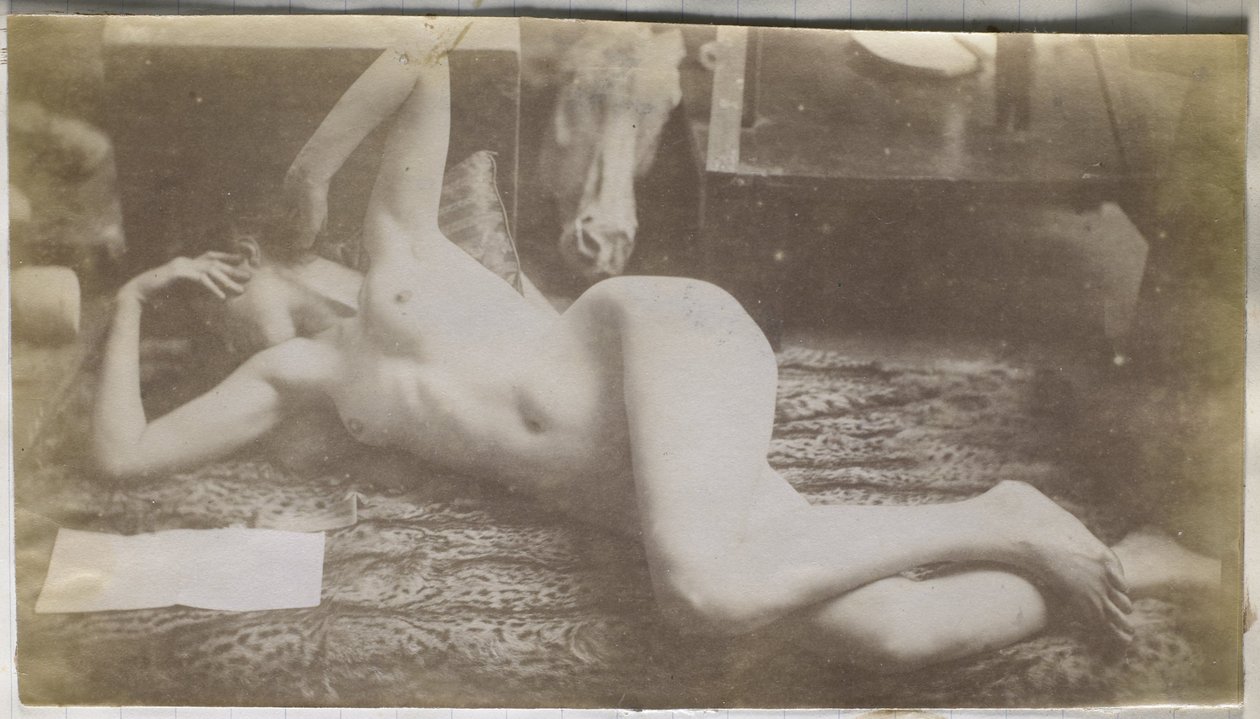 Studie af en kvindelig nøgenmodel, liggende på et tigerskind, i Jacques de Lalaings studie af Jacques Lalaing (attributed to)