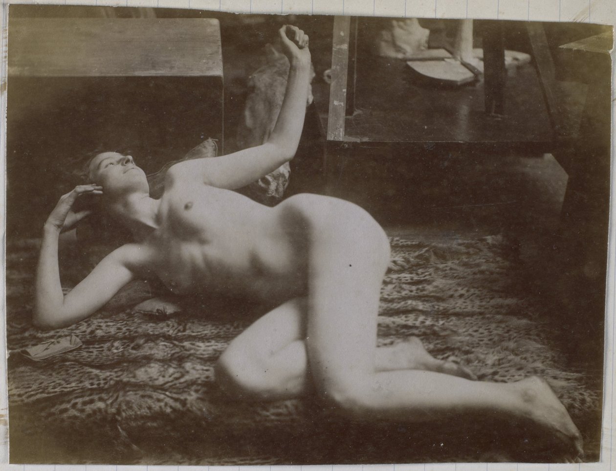 Studie af en kvindelig nøgenmodel, liggende på et tigerskind, i Jacques de Lalaings studie af Jacques Lalaing (attributed to)