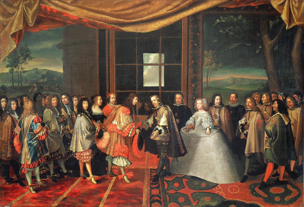 Møde mellem Louis XIV og Philippe IV på Isle des Faisans, 7. november 1659 (olie på lærred) af Jacques Laumosnier