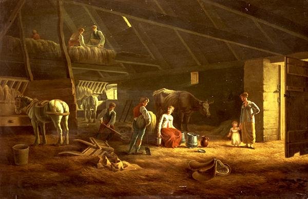 En mælkepige, gårdmænd og plovheste i en lade af Jacques Laurent (circle of) Agasse