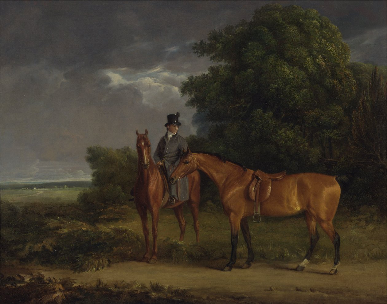 En brudgom monteret på en kastanjejæger, han holder en bugtjæger ved tøjlerne (olie på lærred) af Jacques Laurent Agasse