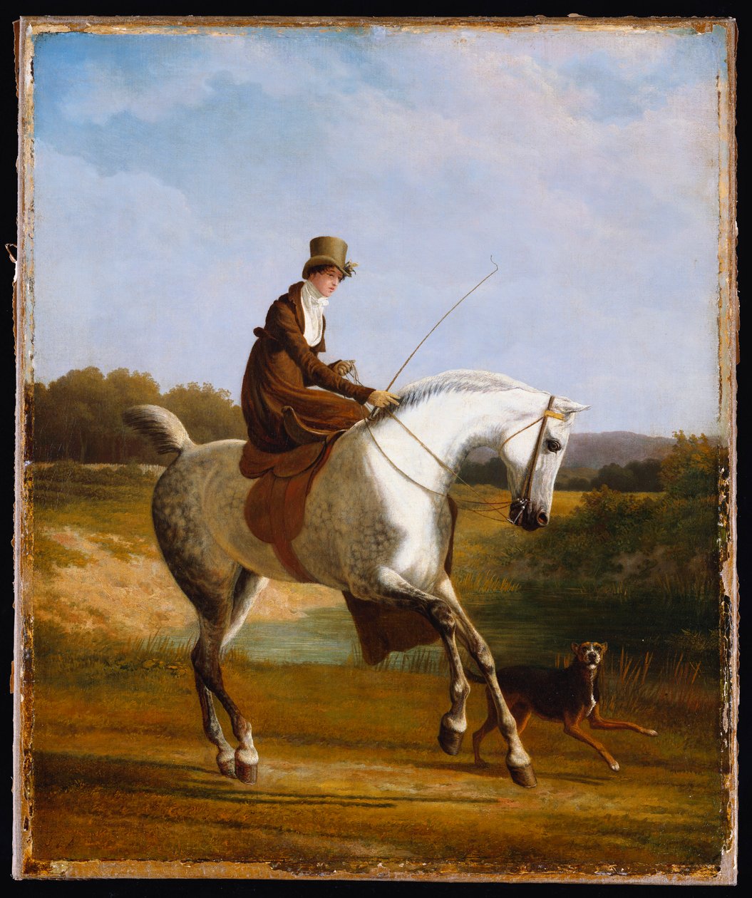 Miss Cazenove på en grå jæger, en hund der løber ved siden af af Jacques Laurent Agasse
