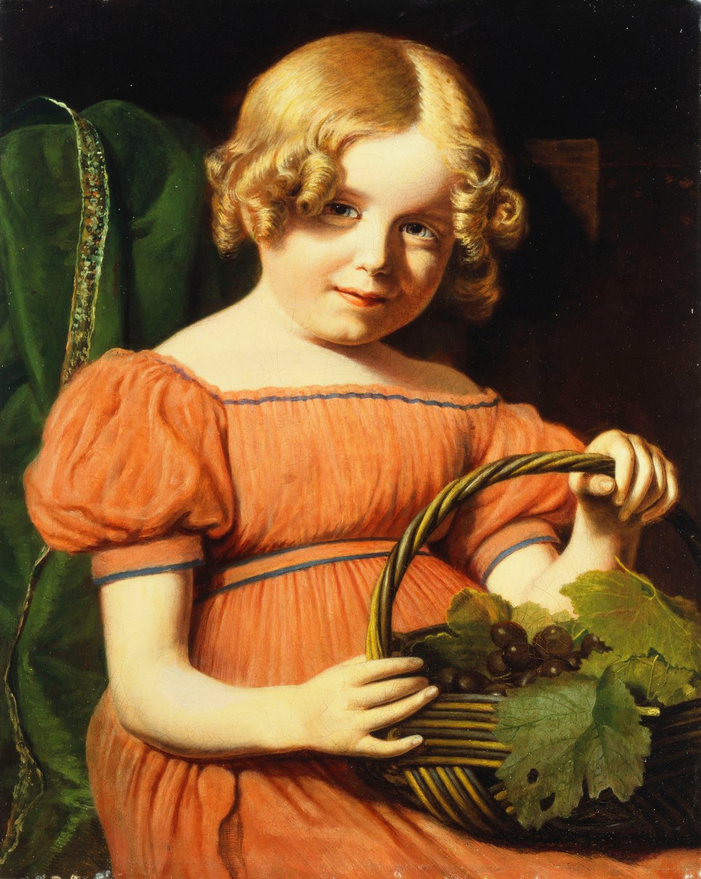 Portræt af Louisa Booth, siddende halvlængde, i en korallyserød kjole trimmet med en blå fletning, der holder en kurv med druer, af Jacques Laurent Agasse