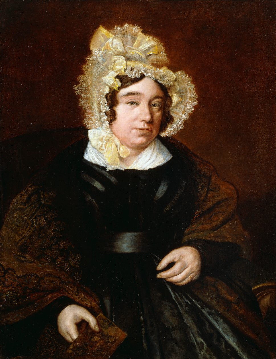 Portræt af Mrs. Edward Cross, siddende halvlangt i en mørk satin kjole med et Paisley sjal, af Jacques Laurent Agasse