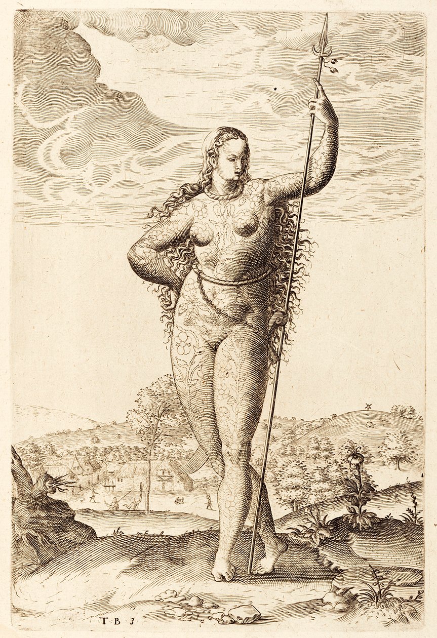 A Young Pictish Woman, c1585 (bw-gravering) af Jacques Le Moyne