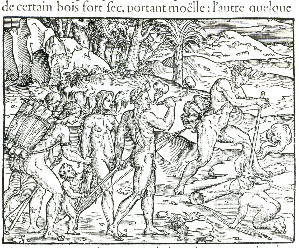 Indiske indfødte laver ild efter jagt, graveret af Theodor de Bry (1525-75) af Jacques Le Moyne