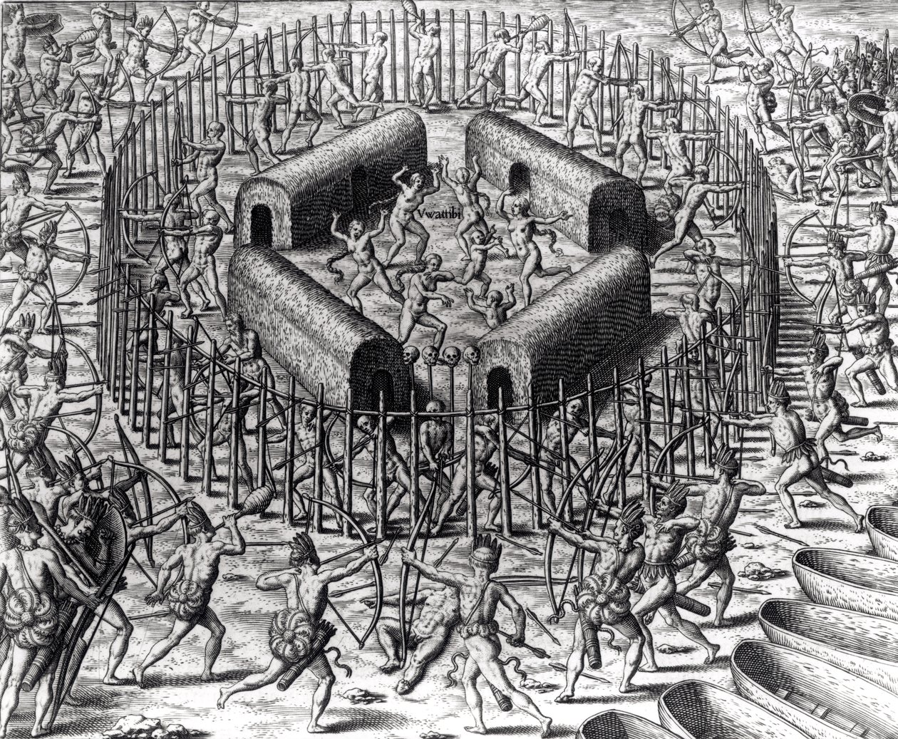 Johannes Staden hjælper med at forsvare indianerne, der fangede ham mod Tuppin Tkins, indgraveret af Theodore de Bry (1528-98), fra 