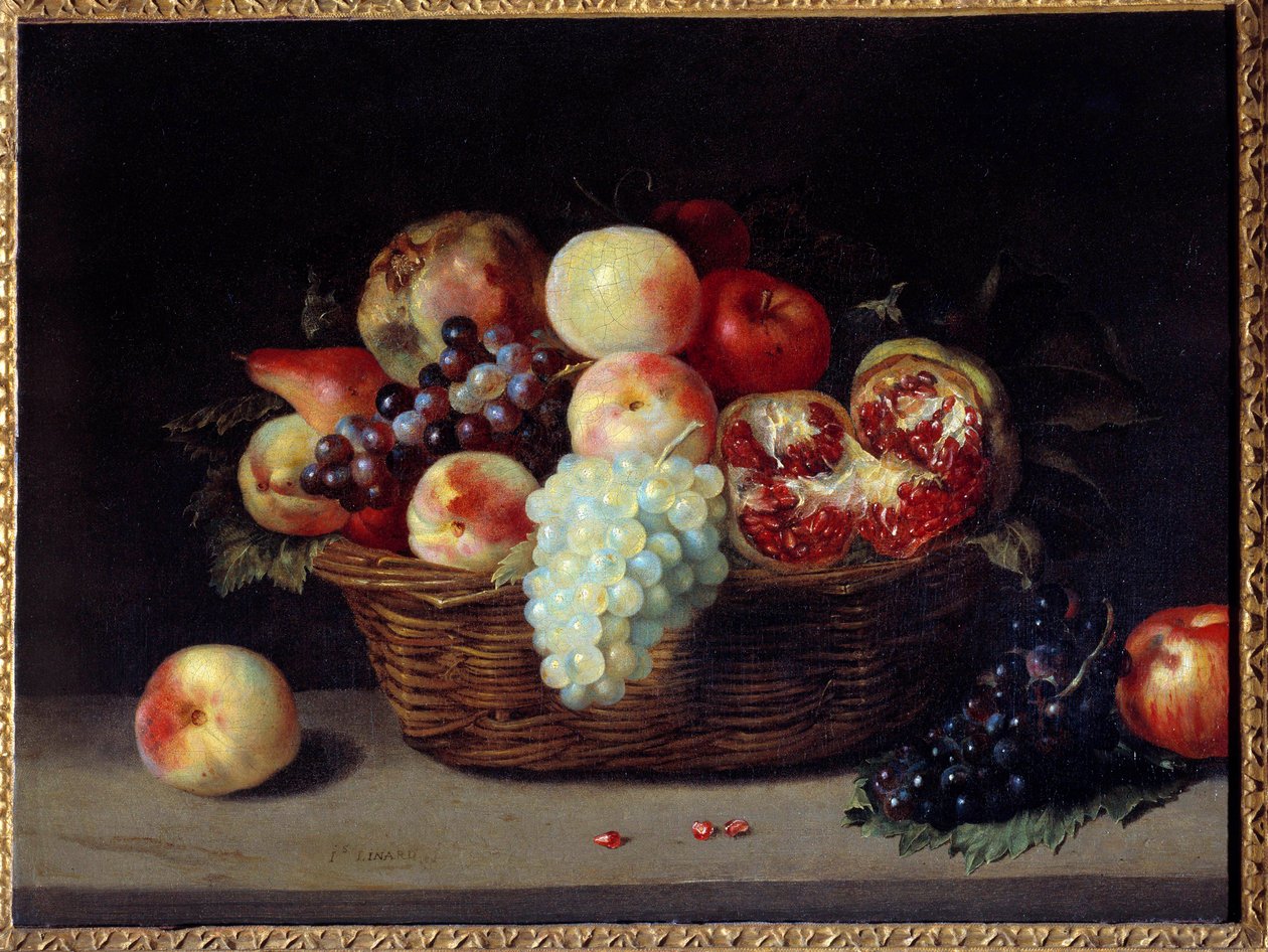 Kurv med granater, ferskner og druer Maleri af Jacques Linard (1600-1645) 1600-tallet søn. 0,46x0,61 m af Jacques Linard