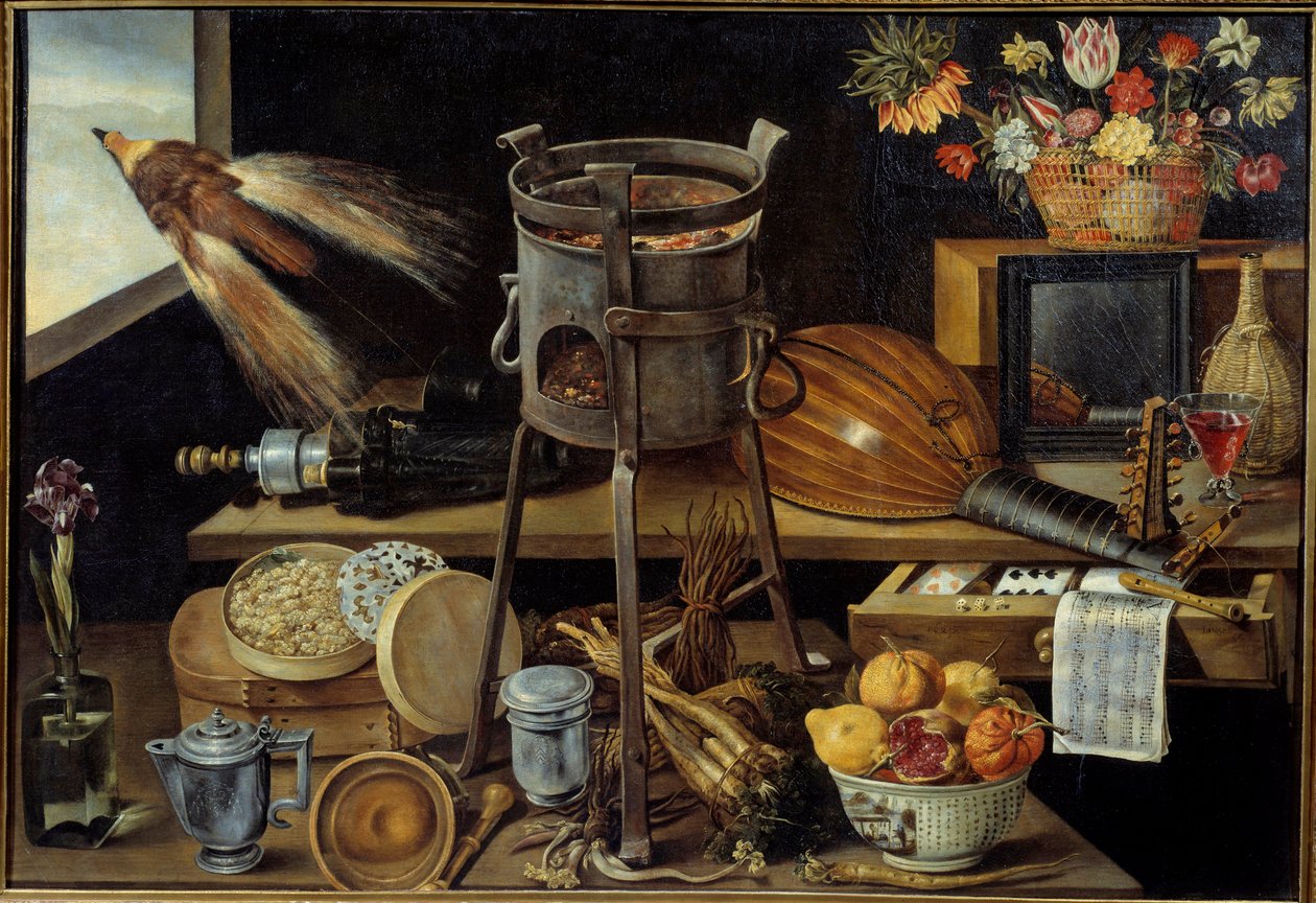 De fem sanser og de fire elementer bærer nogle genstande Richelieu-familiens våben. Stilleben af vin, frugt, blomster, musikinstrumenter. Maleri af Jacques Linard (1600-1645) 1627 søn. 1,05x1,53 m af Jacques Linard