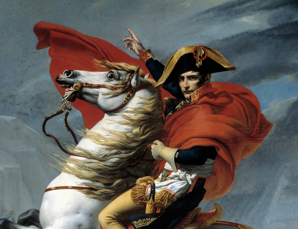 Den første konsul Napoleon Bonaparte (1769-1821) krydsede Alperne ved passet til Grand Saint-Bernard i maj 1800. Detail. Maleri af Jacques Louis David (1748-1825) Paris fra det 19. århundrede, Musee de l