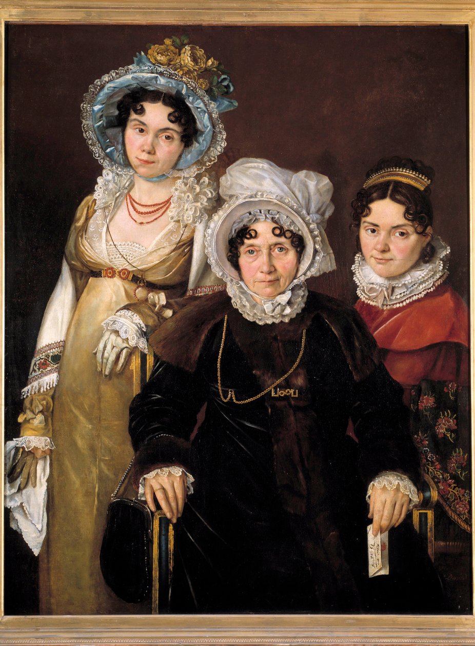 Portræt af Madame de Tangry og hendes døtre (Portrætter af Isabelle Rose van Tieghem, kone til Anselme Morel de Tangry, Echevin af Kortrijk og to af hendes døtre). Maleri af den franske skole i det 19. århundrede, udført efter 1816. Maleri oprindeligt af Jacques Louis (attr.to) David