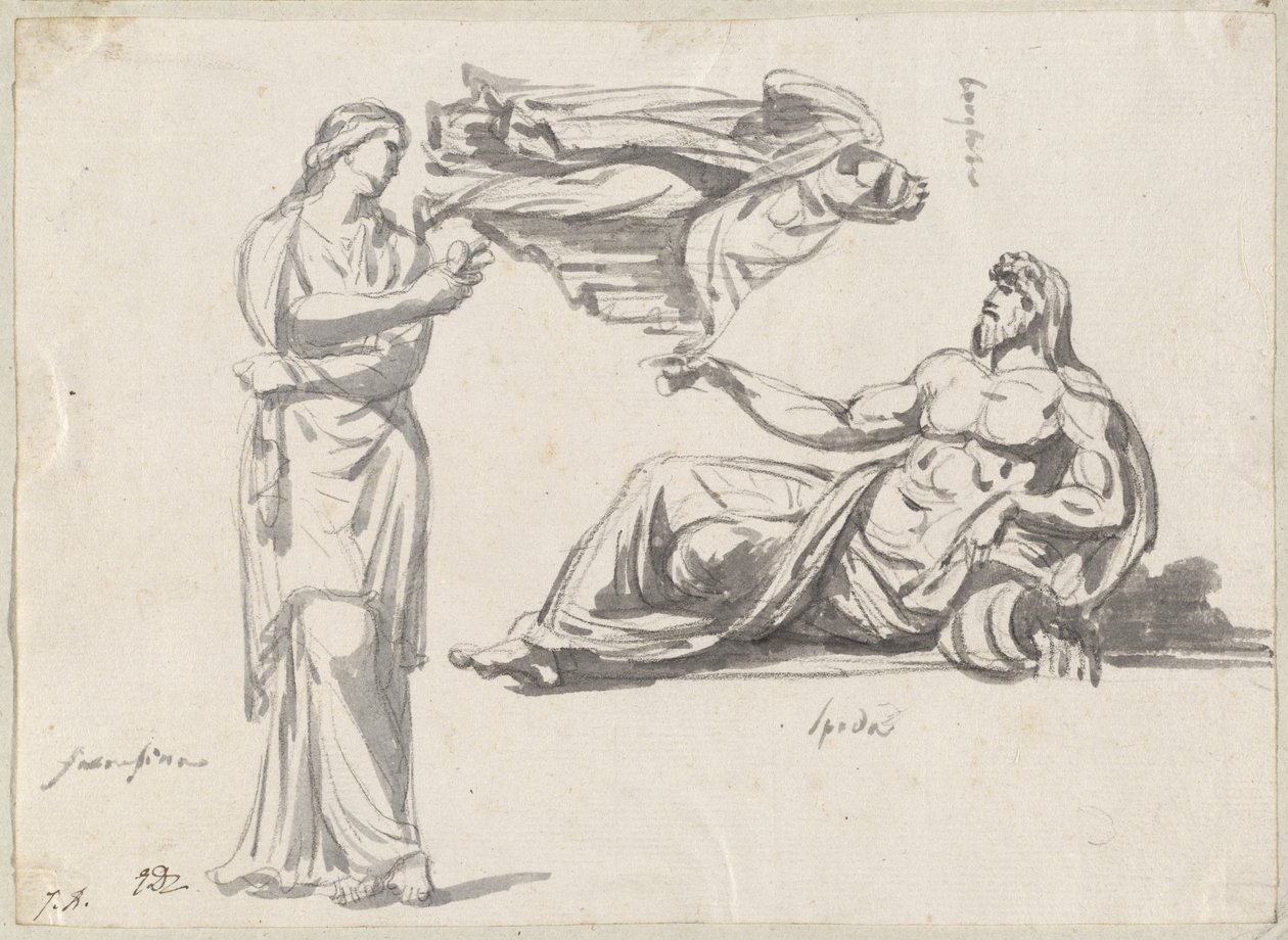 En flodgud og to klassiske skulpturer af Jacques Louis David