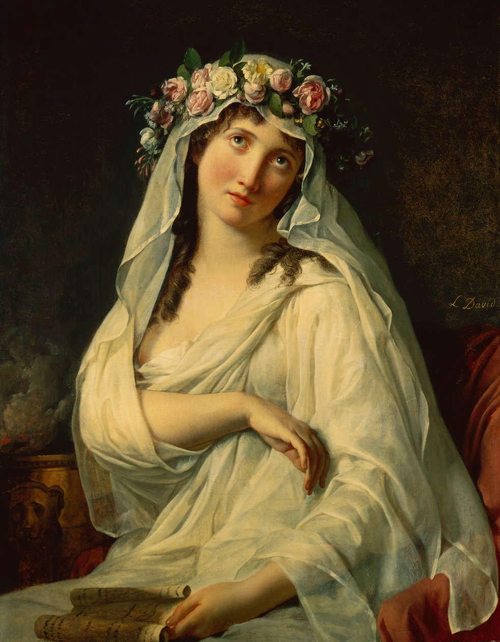 En vestalsk jomfru kronet med blomster af Jacques Louis David