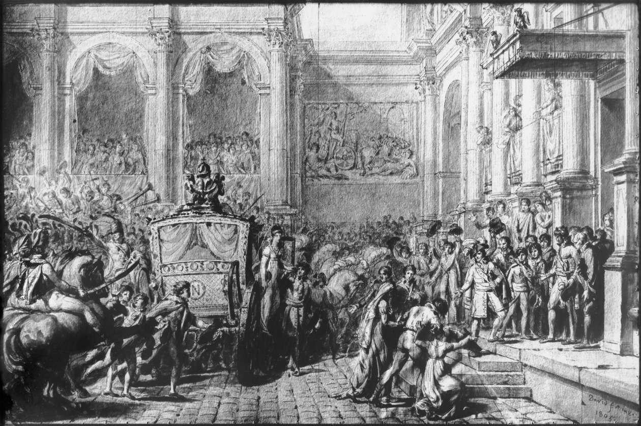 Tilbage fra indvielsen, Napoleon ankommer til Hotel de Ville, Paris, 1805 (pen og sort blæk og grå vask og grafit på papir) af Jacques Louis David