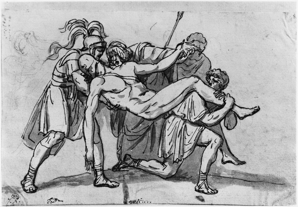 Death of Meleager (pen og brunt blæk og grå vask og pierre noire på papir) af Jacques Louis David