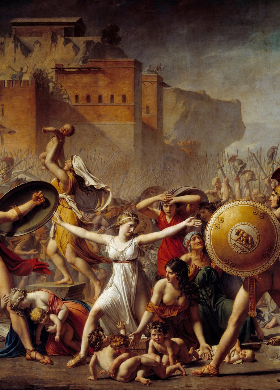 Detalje: "" Sabinerne""" mellem deres romerske ægtemænd (til højre) og deres Sabins-brødre (til venstre) og viser dem deres børn - Maleri af Jacques-Louis (Jacques Louis) David (1748-1825) af Jacques Louis David