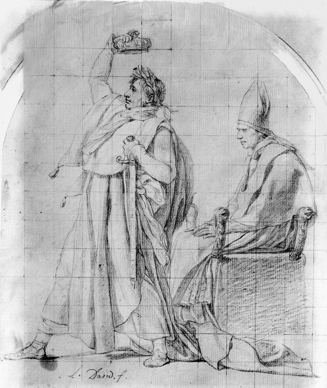 Kejser Napoleon kroner sig selv, ca. 1804/07 (blyant på papir med spor af blæk) af Jacques Louis David