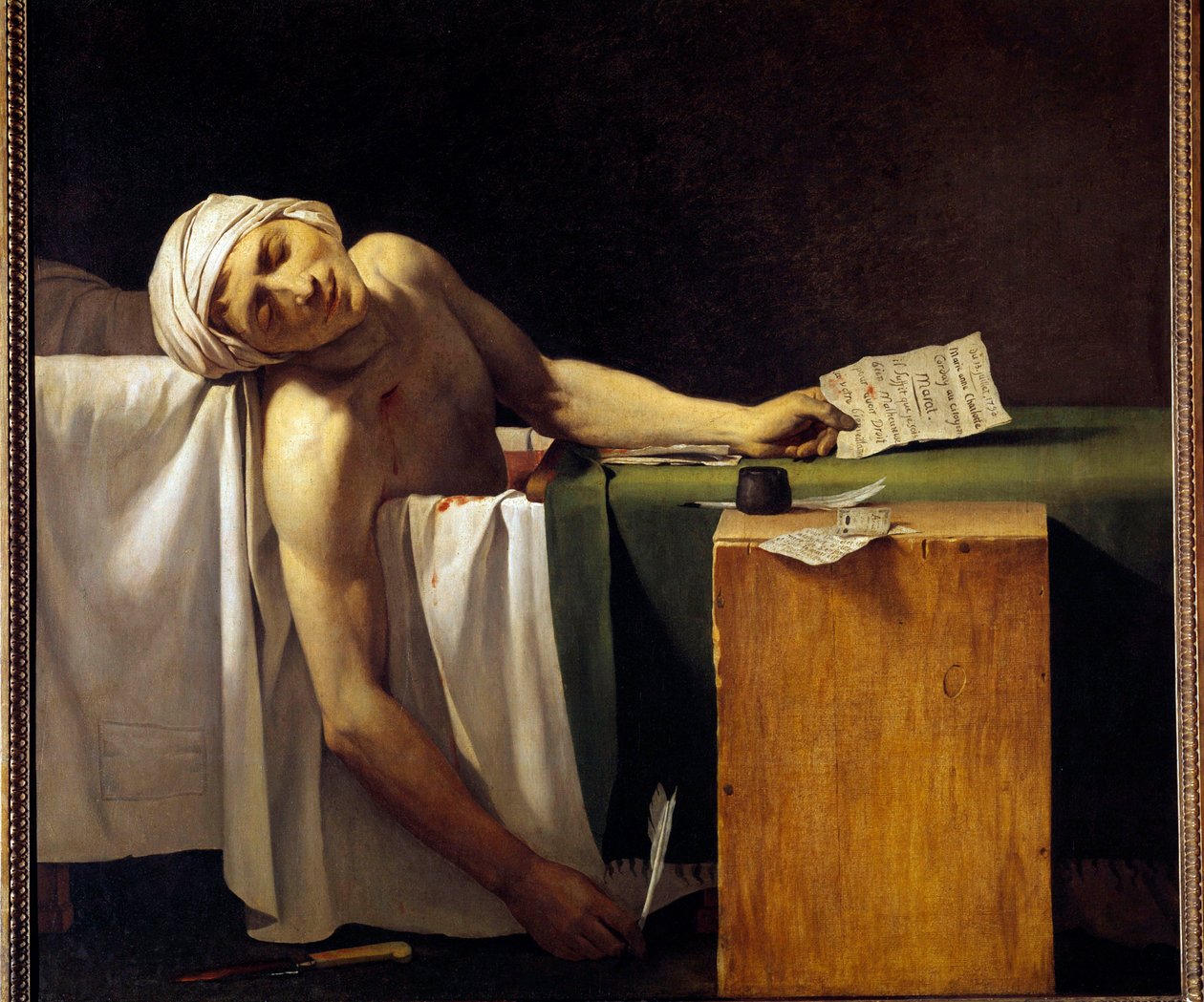 Fransk revolution: "" Jean Paul Marat (1743-1793) myrdet i sit badekar den 13/07/1793" Maleri af Jerome Martin Langlois (1779-1838), medlem af Jacques Louis Davids værksted. 19. århundrede af Jacques Louis David
