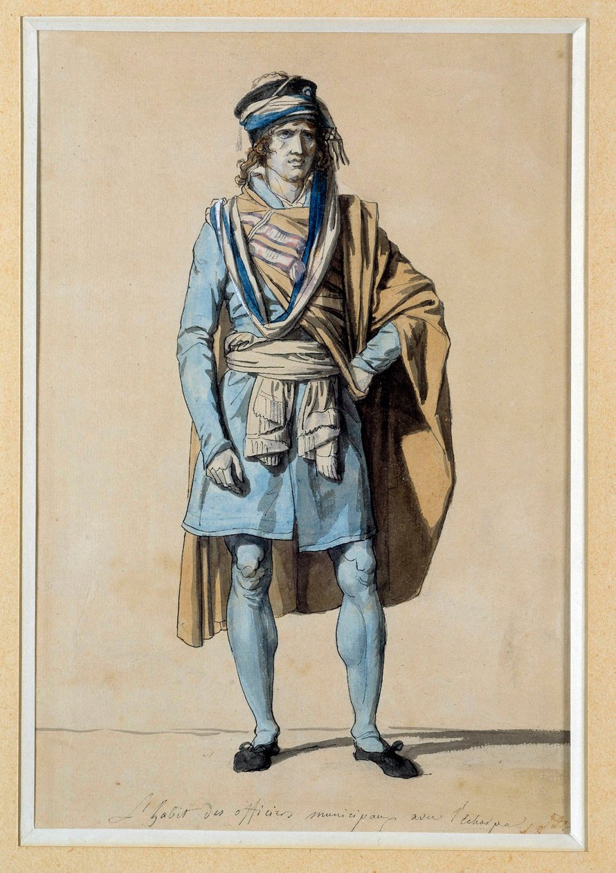 Franske revolution: borgerdragt projekt 1793 "" Kommunebetjentens kjole med tørklædet"" Akvarel af Jacques Louis David (1748-1825) Søn. 0,3x0,2 m. Versailles, slottene i Versailles og Trianon af Jacques Louis David