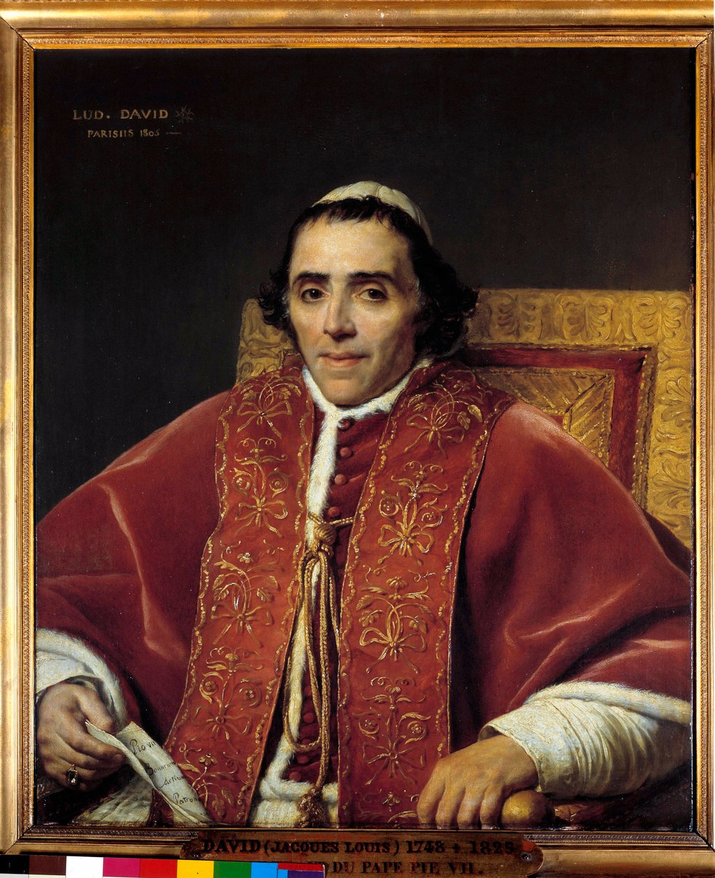 Halvkropsportræt af pave Pius VII (Gregoire Chiaramonti), pave i 1800 (1742-1823) Maleri af Jacques Louis David (1748-1825) 1800-tallet søn. 0,91x0,85 m. - Halvkropsportræt af pave Pius VII (Gregoire Chiaramonti), pave i 1800 (1742-1823). Maleri af Jacques Louis David