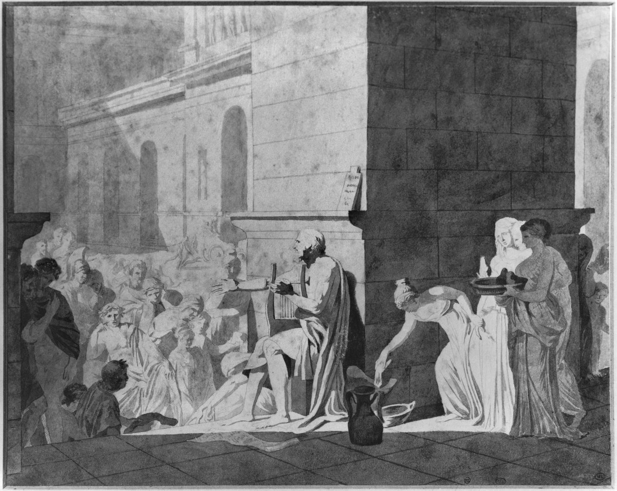Homer reciterer sine digte, 1794 (pen og sort blæk og grafit og grå vask og rød kridt på papir) af Jacques Louis David