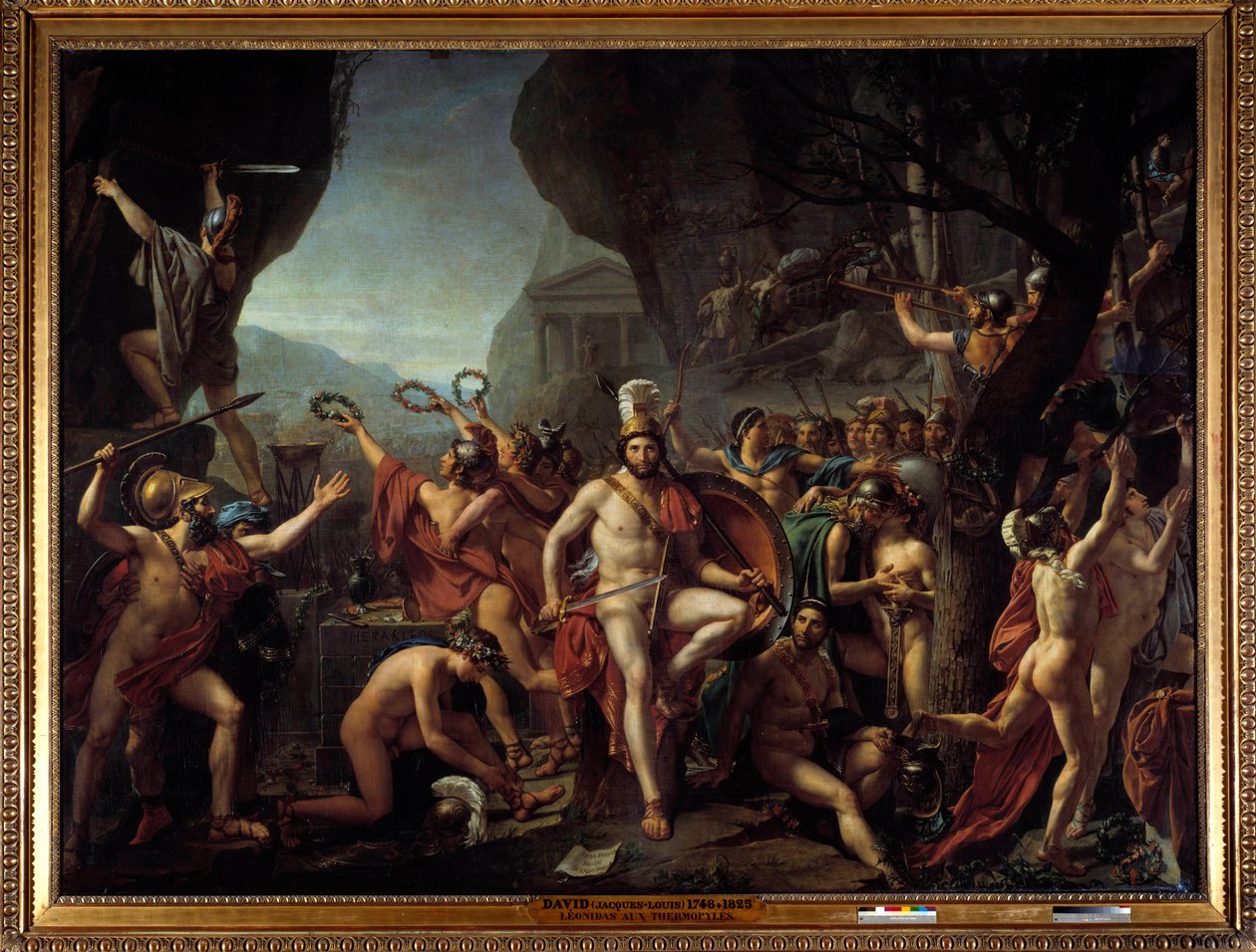 Leonidas til Thermopyls Episode af Thermopyls-slaget i 480 f.Kr., der modsatte grækerne til perserne af Xerxes I, Leonidas I, konge af Sparta, holder sine arme, sidder på en klippe, nær Herkules-alteret, i ryggen en troppe af spartanere går videre til t af Jacques Louis David