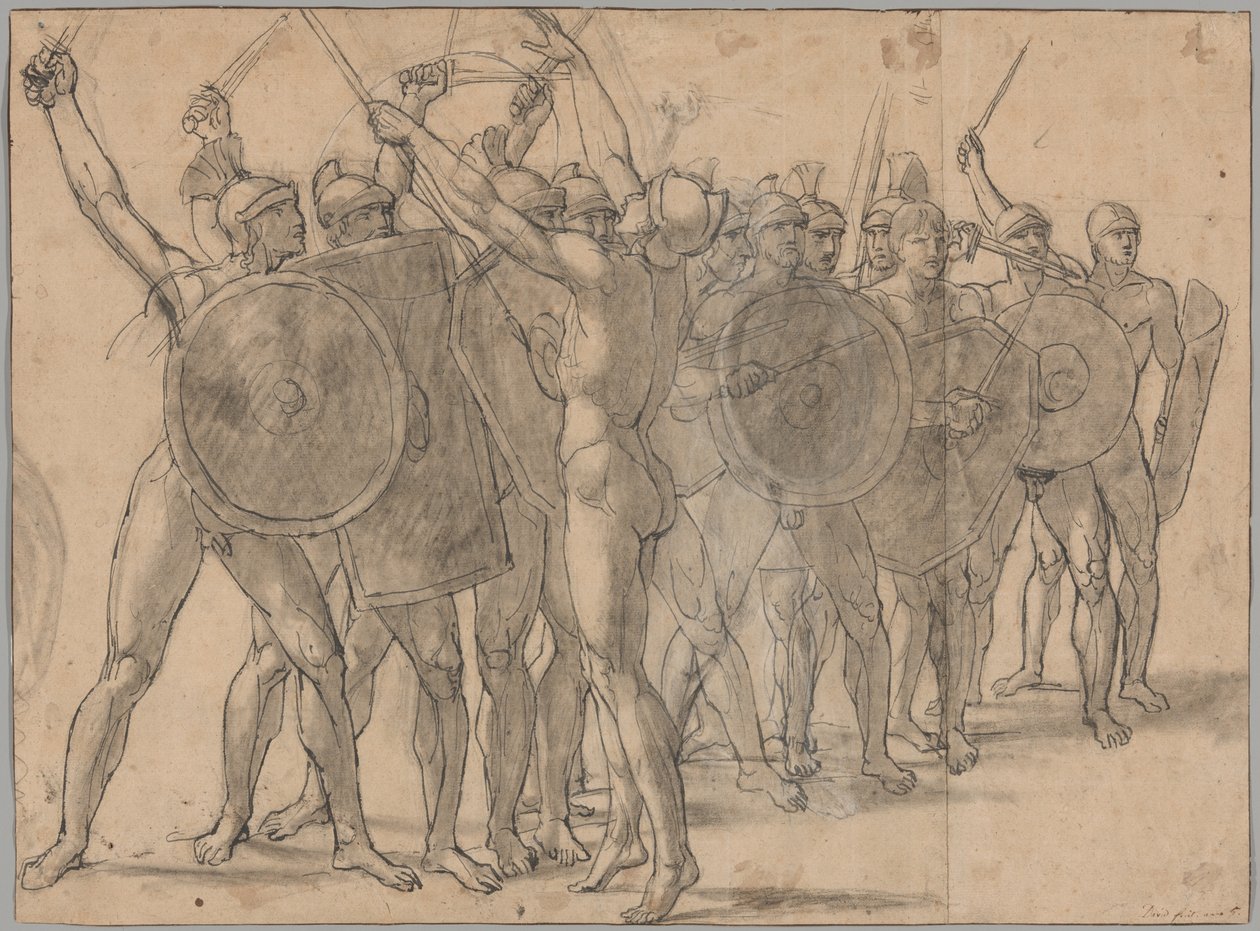 Nøgne soldater gestikulerer med deres våben (recto); To draperistudier til figuren af Tatius (verso) af Jacques Louis David