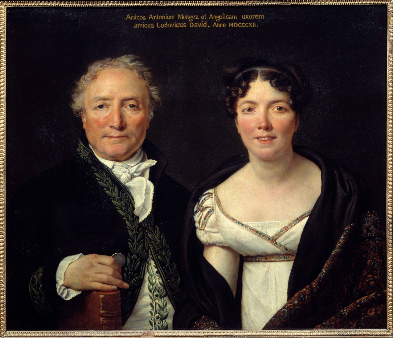 Portræt af Antoine Mongez (1747-1835) arkæolog og hans kone Angelique (1775-1855) maler Antoine Mongez poserer i et akademikerkostume og holder et stykke i hånden for at huske sin rolle som administrator af mønterne. Maleri af Jacques Louis David (1748- af Jacques Louis David