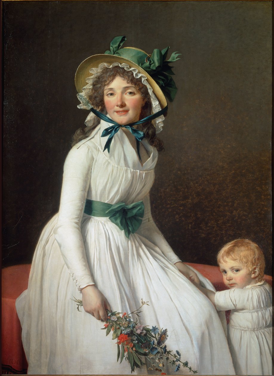 Portræt af Madame Seriziat, konens søster til kunstneren med sin søn Emile - olie på lærred af Jacques Louis David