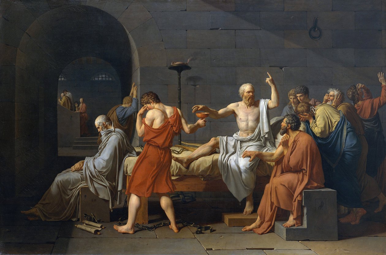 Selvmord af Sokrate, gammel græsk filosof (5. siecle av. JC) måtte drikke cigue efter at være blevet anklaget for ugudelighed og ungdomskorruption af Jacques Louis David