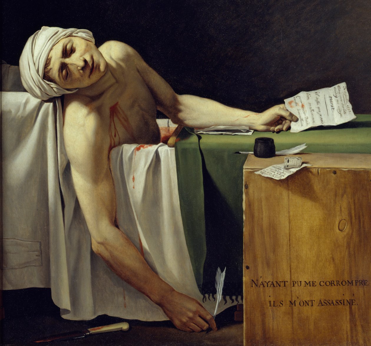 Marats død (John Paul Marat (1743-1793) myrdet). Detalje. Maleri af Jacques Louis David (1748 - 1825). 1793 søn. 1,62x1,3 m. Louvre-museet i Paris af Jacques Louis David