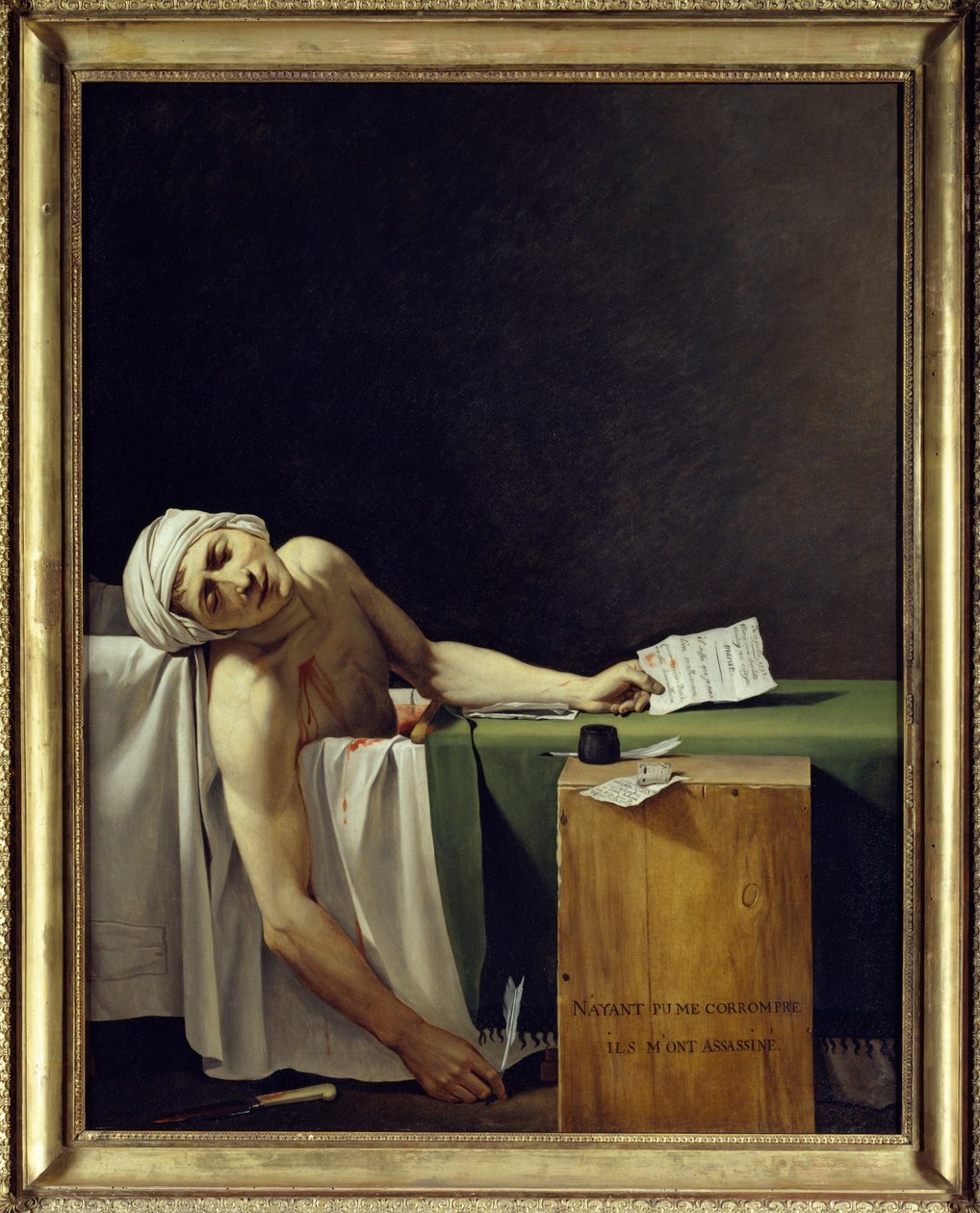 Marats død (John Paul Marat (1743-1793) myrdet). Maleri af Jacques Louis David (1748 - 1825). 1793 søn. 1,62x1,3 m. Louvre-museet i Paris af Jacques Louis David