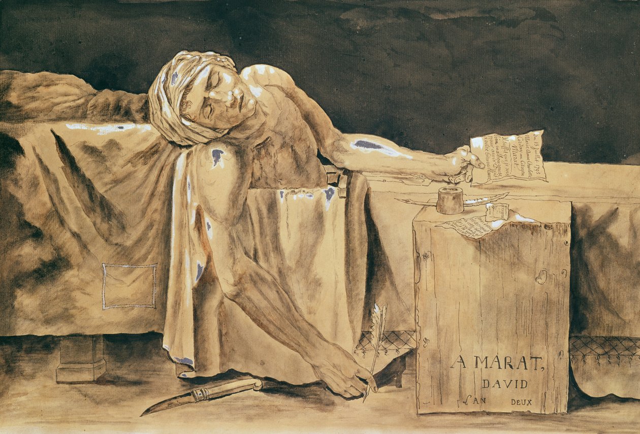 Marats død, 1793 (pen og blæk og wc på papir) af Jacques Louis David