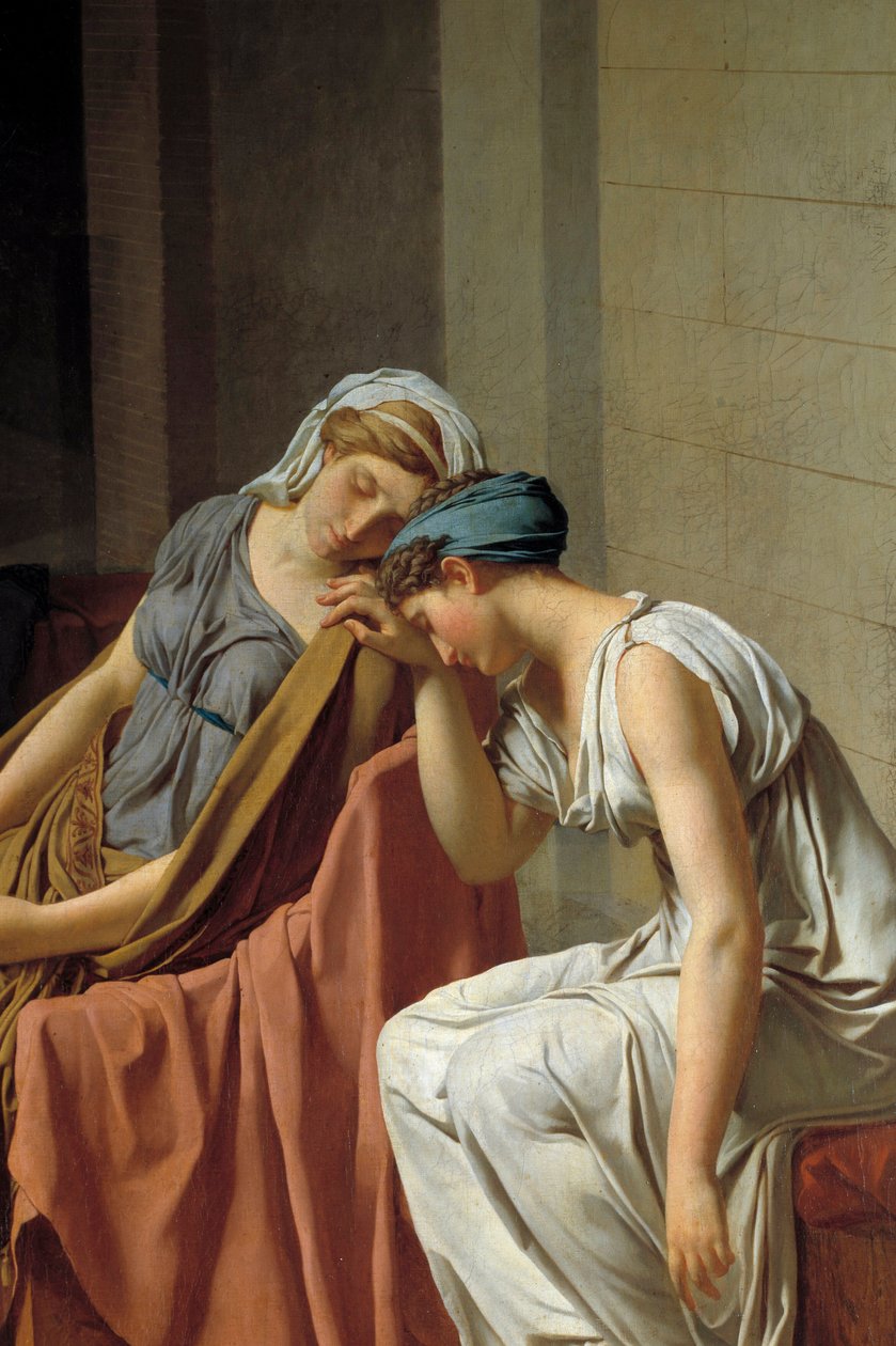 Horaces Detail-eden, der repræsenterer kvinder, faldt sammen i smerte. Maleri af Jacques Louis David (1748-1825) 1784 søn. 0,26x0,37 m af Jacques Louis David