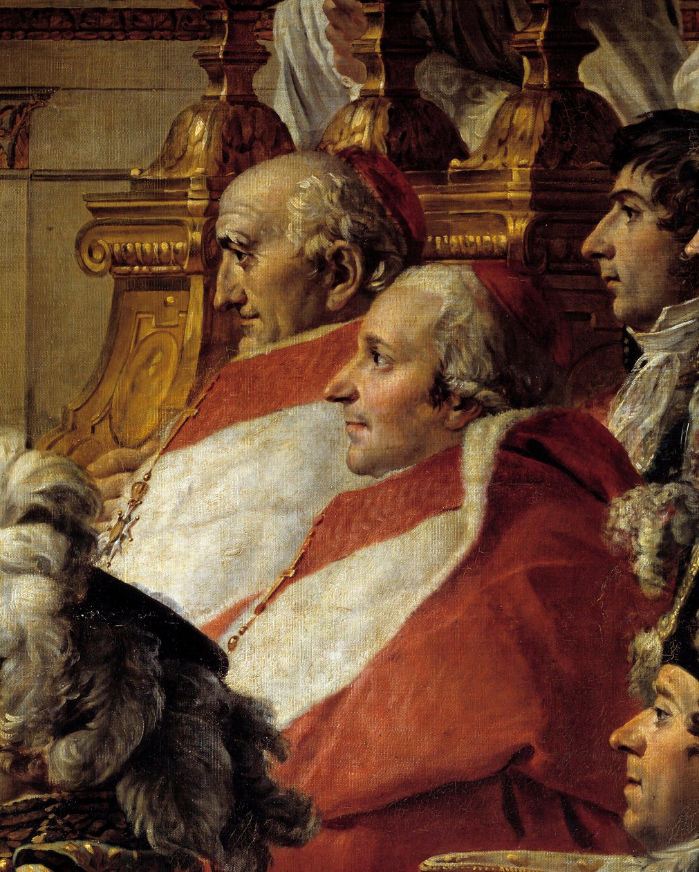 Napoleons rite. Detalje, der forestiller kardinalerne og Jean Baptiste Jules Bernadotte (1763-1844) under kejser Napoleon I Bonapartes hellige og kroningen af Imperatrice Josephine ved Notre-Dame de Paris den 2. december af Jacques Louis David