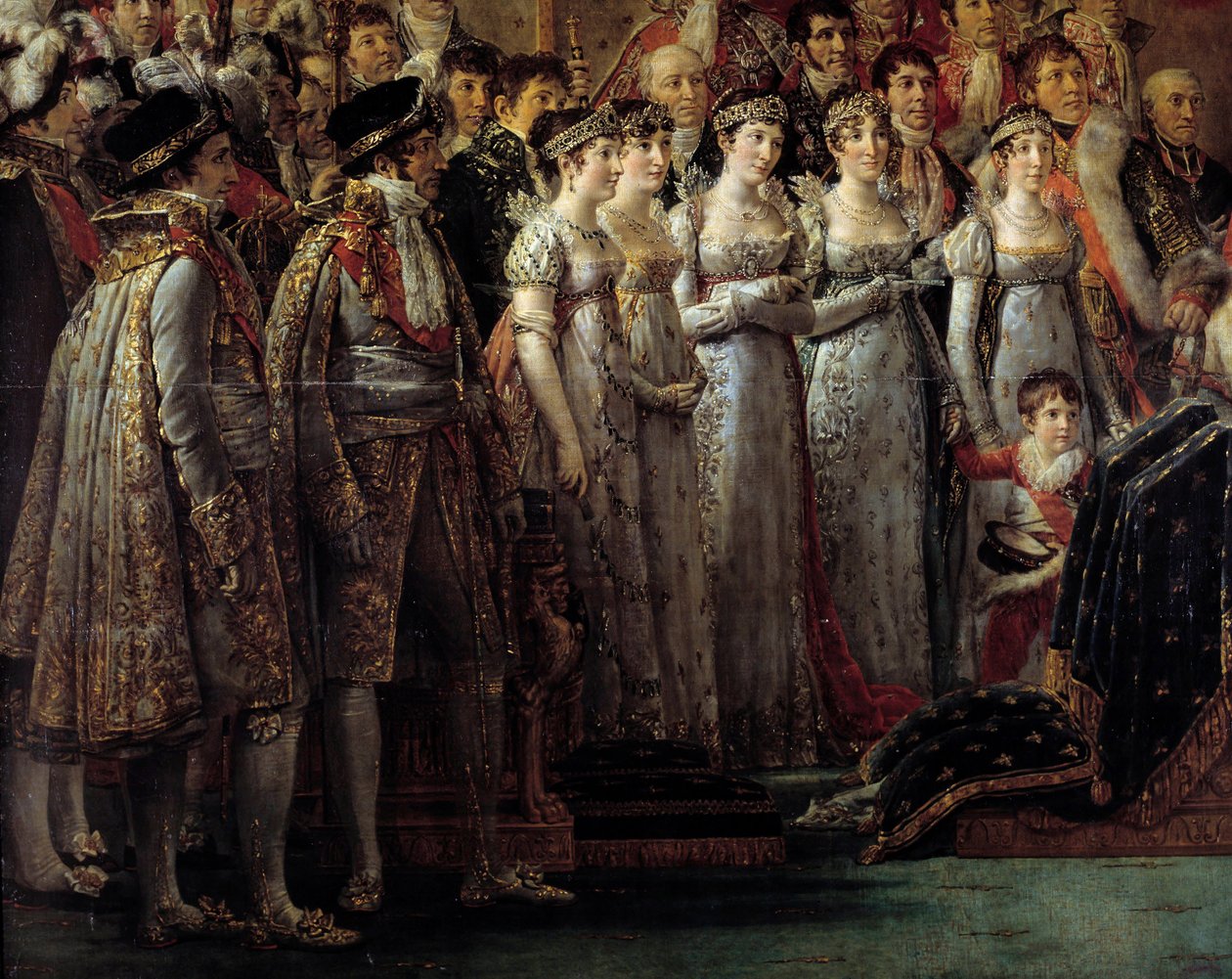 Napoleons rite. Detalje der forestiller kejserens brødre og søstre under kejser Napoleon I Bonapartes helligdom og kroningen af Imperatrice Josephine ved Notre-Dame de Paris den 2. december af Jacques Louis David