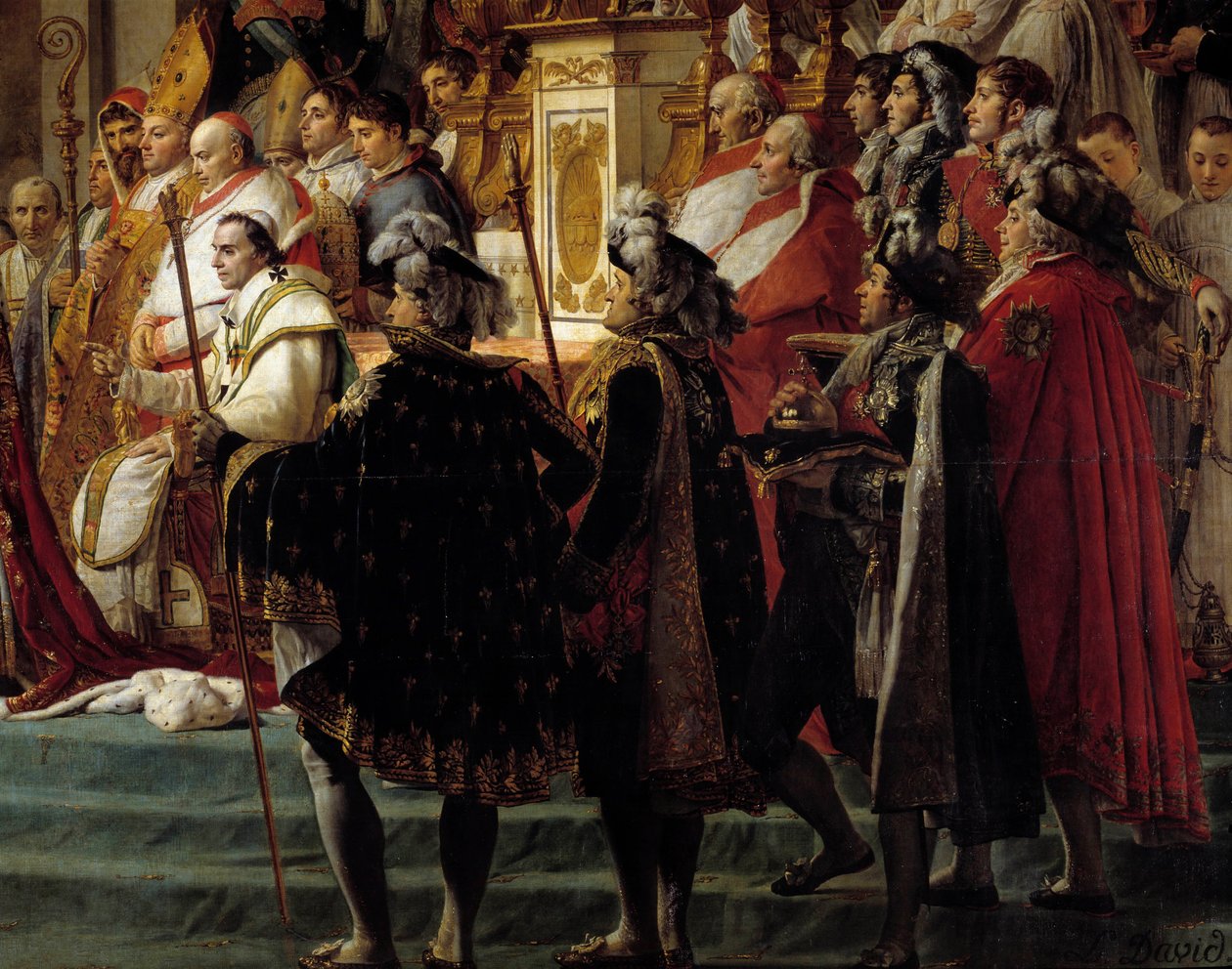 Napoleons rite. Detalje, der viser forgrunden med pave Pius VII under kejser Napoleon I Bonapartes helligdom og kroningen af Imperatrice Josephine ved Notre-Dame de Paris den 2. december af Jacques Louis David