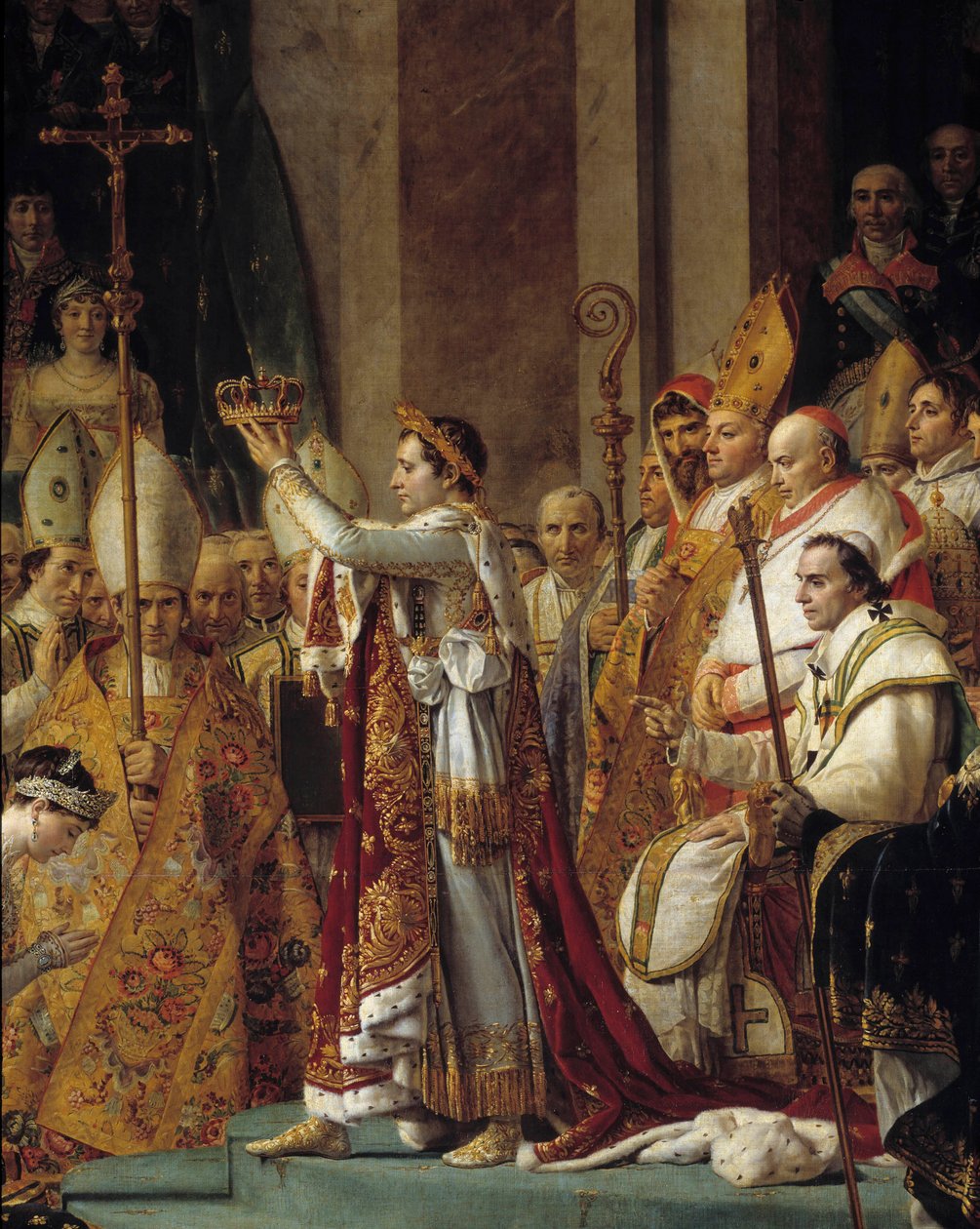 Napoleons rite. Detalje af Napoleon, der bærer kronen under kejser Napoleon I Bonapartes helligdom og kroningen af Imperatrice Josephine ved Notre-Dame de Paris den 2. december af Jacques Louis David