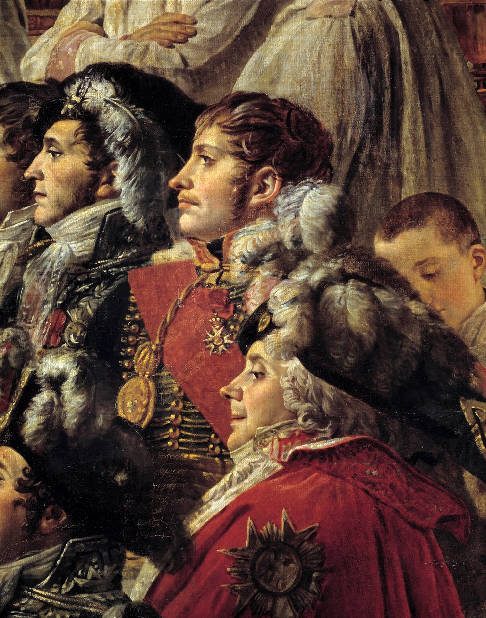 Napoleons rite. Detalje, der repræsenterer Auguste Jean-Gabriel de Caulaincourt (1777-1809), Eugene Rose de Beauharnais dit Prins Eugene (1781-1824) og Charles Maurice de Talleyrandt-Perigord dit Talleyrand (1754-1838) under kejser Napoleons kroning af Jacques Louis David