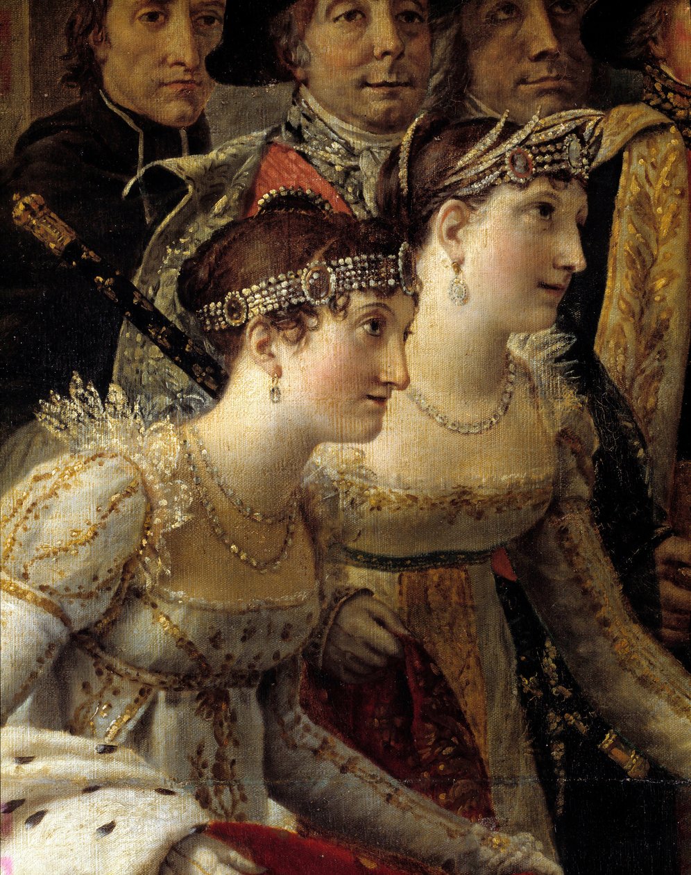 Napoleons rite. Detalje, der repræsenterer Madame de la Rochefoucault og Madame Lavalette under kejser Napoleon I Bonapartes helligdom og kroningen af Imperatrice Josephine ved Notre-Dame de Paris den 2. december af Jacques Louis David
