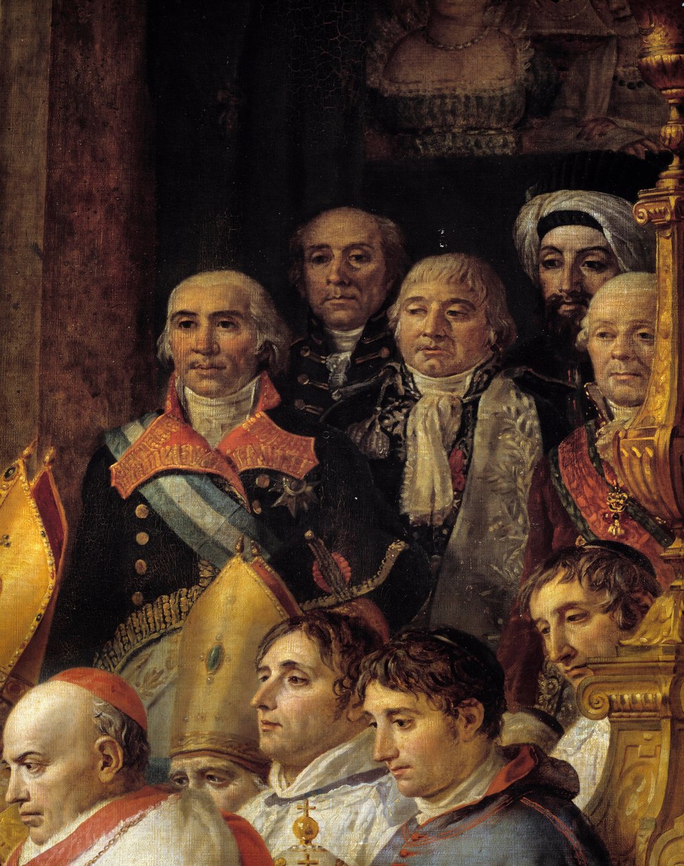 Napoleons rite. Detalje, der repræsenterer ambassadørerne (admiral de Gravina (ambassadør for Spanien, død 1805), general Armstrong (ambassadør for USA), Monsieur de Marescalchi (minister for den italienske rep.), Mohamed sagde - halet effendi (ambas) af Jacques Louis David