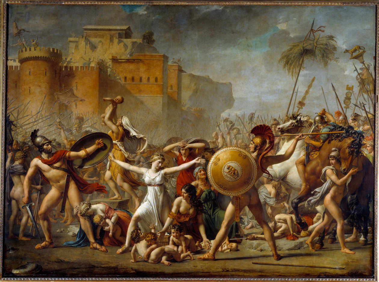 Sabinerne mellem deres romerske ægtemænd (til højre) og deres sabinske brødre (til venstre) og viser dem deres børn - Maleri af Jacques-Louis (Jacques Louis) David (1748-1825) af Jacques Louis David