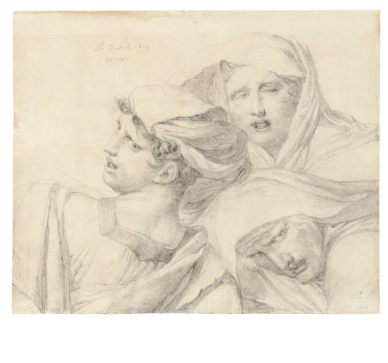 Tre kvinder i klassisk dragt, brystlængde, med ængstelige udtryk, 1819 af Jacques Louis David
